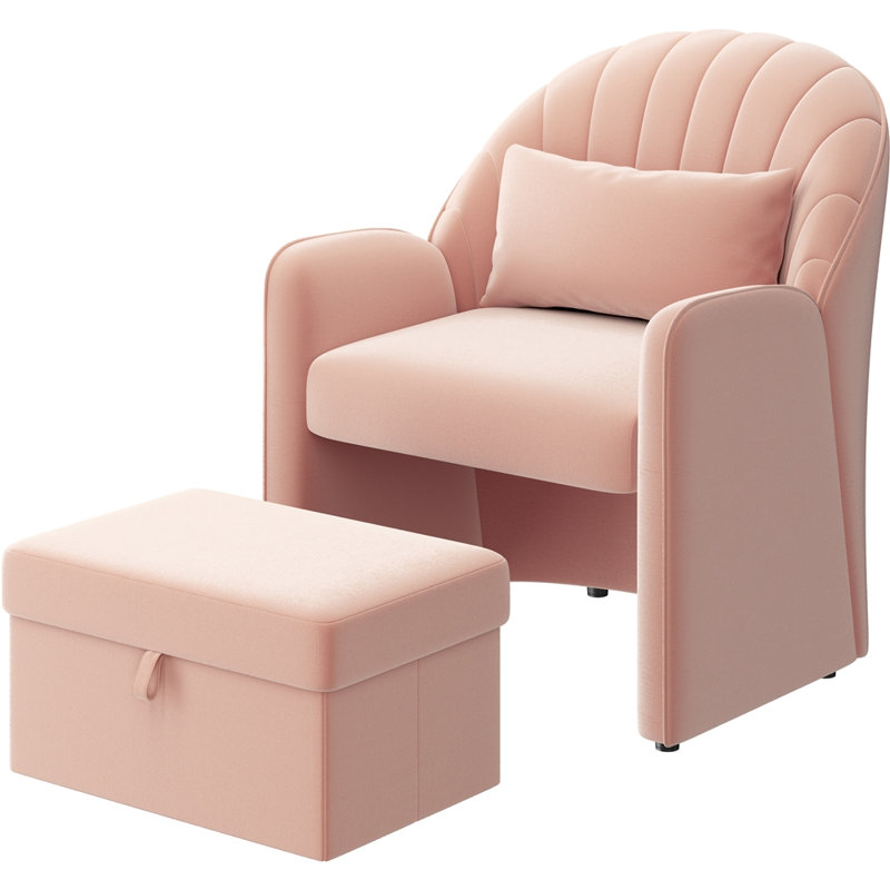 Fauteuil d'appoint en velours demi-tonneau avec repose-pieds, Velours rose