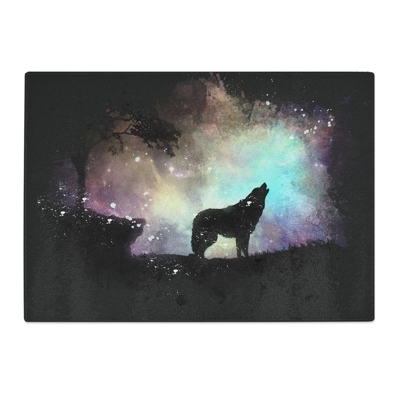 Tempered Glass Howling Wolf with a Galaxy Forest Chopping Board, 20 cm x 28.5 cm
