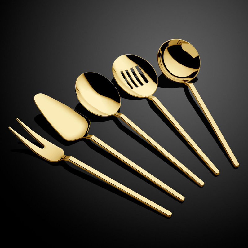 Service à sauce Elegant, finition dorée, 100% acier inoxydable, revêtement PVD titane | Comprend une louche à sauce de 8,3 po, une cuillère à sauce de 8,5 po, une fourchette à sauce de 8,9 po, une crépine à sauce de 8,7 po et une spatule à sauce de 9,3 po, lavable à la main, parfaite pour les repas et les réceptions haut de gamme