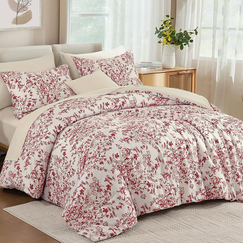 Ensemble d'édredon botanique 8 pièces avec imprimé floral rouge, literie douce toutes saisons