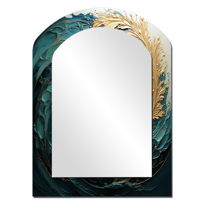 Gold Teal Ocean Spiral V - Abstract Spirals Asymmetrical Wall Mirror, Gold Arch Decorative Mirror, Printed Metal Art