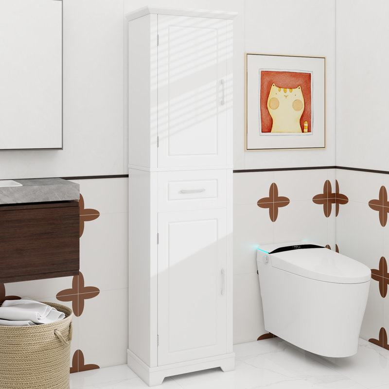 Grande armoire de rangement pour salle de bain, armoire de rangement autoportante avec deux portes et tablettes réglables, conception à étagère de porte, panneau de fibres à densité moyenne avec finition peinte, blanc