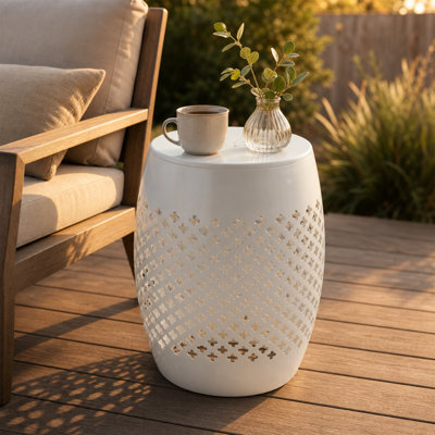Barrel-Shaped Side Table, Powder-Coated Wrought Iron Decorative Table, Patio Table, Waterproof and Rust-Resistant, Modern Minimalist Style, Openwork Design, White