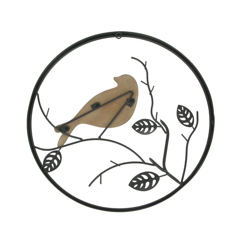 Rustic brown wood and metal birds on branches wall hanging sculptures and wall art, set of 2 — 15.5" dia. x 1" D