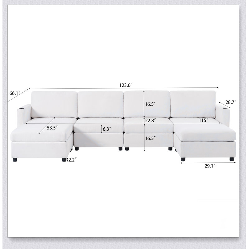 Grand canapé modulaire moderne, canapé modulaire en U avec fonction de rangement, Tissu blanc antique