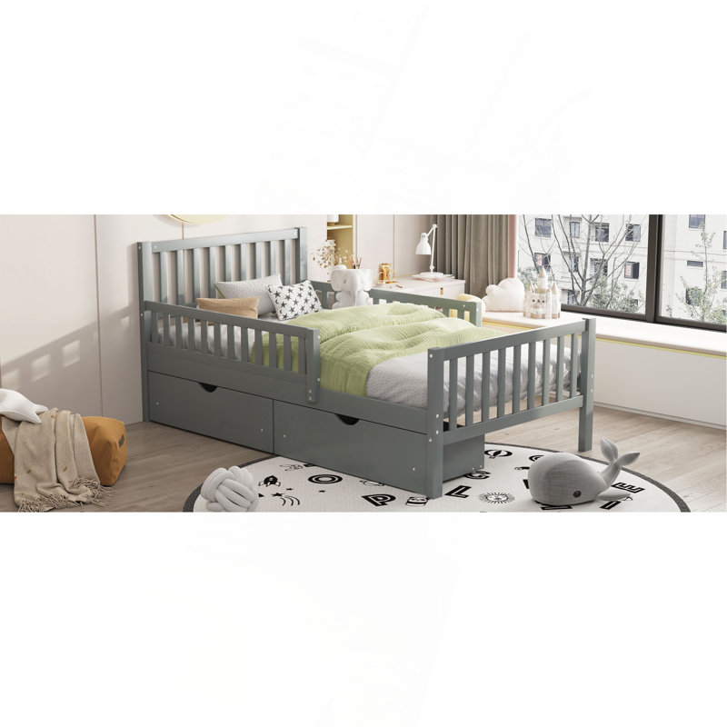 Lit plateforme simple en bois avec garde-corps des deux côtés et deux tiroirs de rangement, Lit simple, Gris