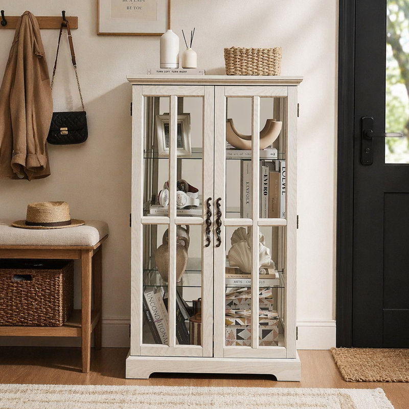 Armoire vitrée blanche à double porte en treillis, 3 tablettes réglables pour la cuisine, le salon, la chambre et le bureau