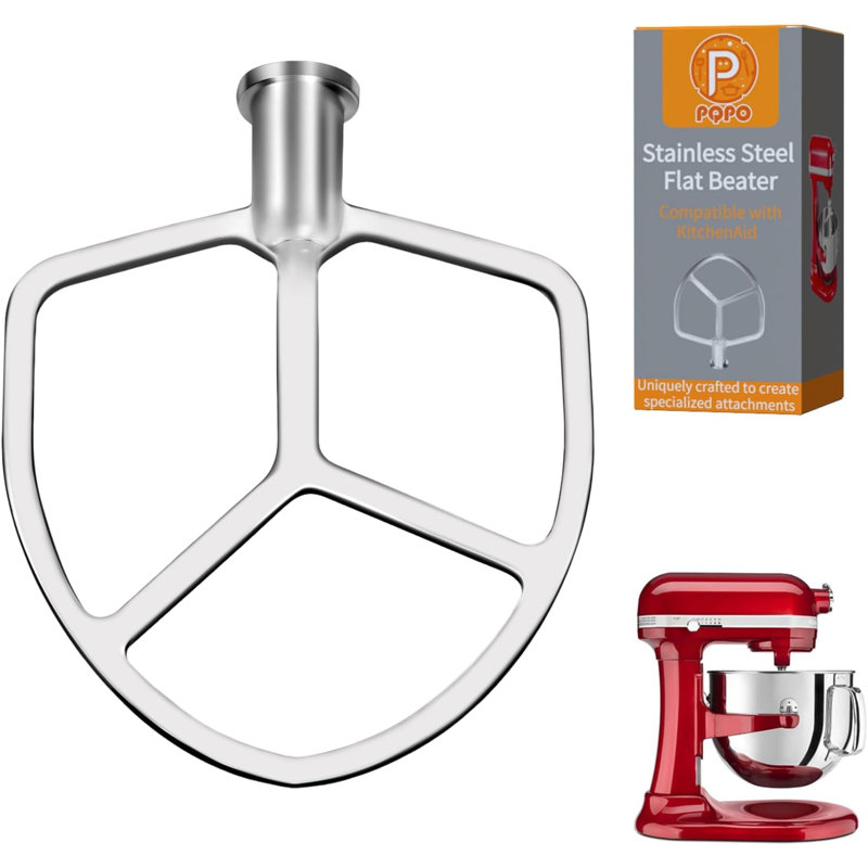 Batteur plat en acier inoxydable de 6 pintes, compatible avec les robots pâtissiers KitchenAid à bol relevable de 6 pintes. Accessoire de rechange idéal pour mélanger les pâtes à biscuits et à gâteaux. Lavable au lave-vaisselle.