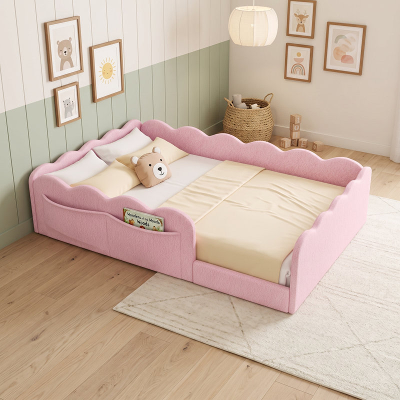 Lit tapissier au sol avec tissu en peluche doux et garde-corps, Lit double, Rose