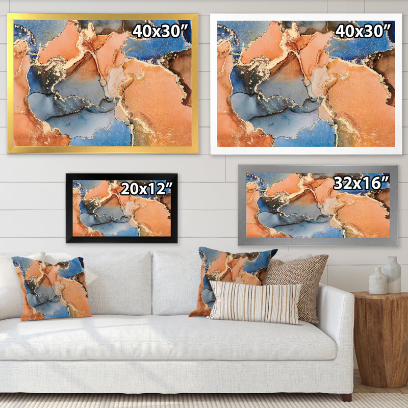 «Blue and Orange Luxury Abstract Fluid I», peinture sur toile, H 24 po x l 32 po, Cadre de coin blanc fermé