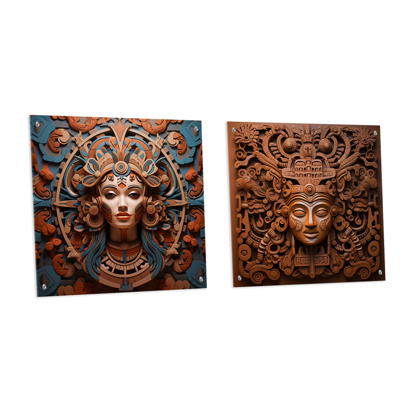 Mesoamerican Terracotta Mask - Mexican Art Acrylic Wall Art Glass Set Of 2, 36" H x 73" W