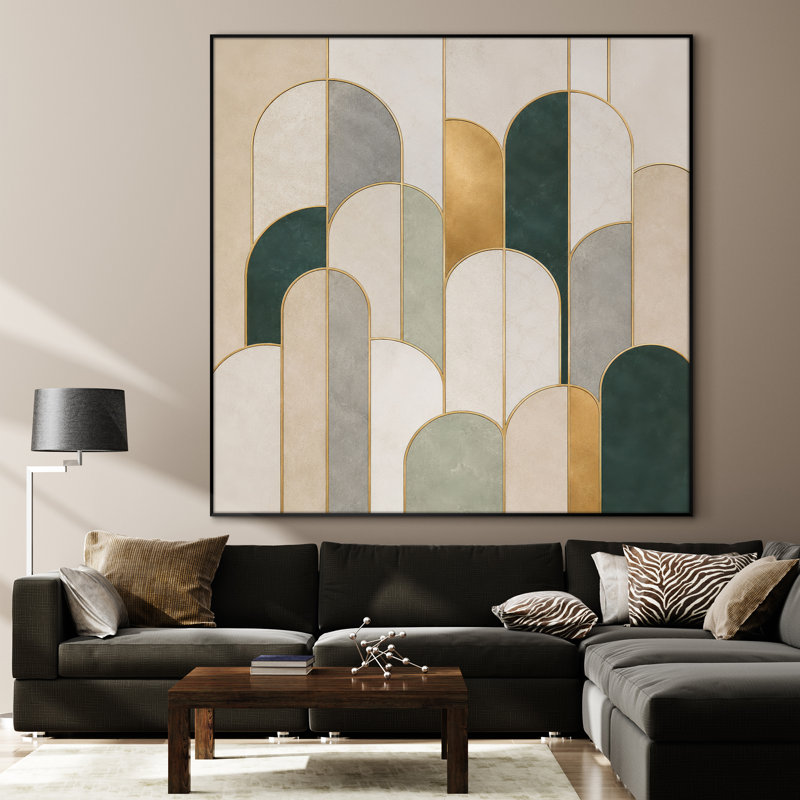 Très grand imprimé mural d'art en tissu - Motif d'arche géométrique avec panneaux or et sauge pour le salon ou la chambre à coucher - «Assemblage requis du cadre (cadre non fini)»