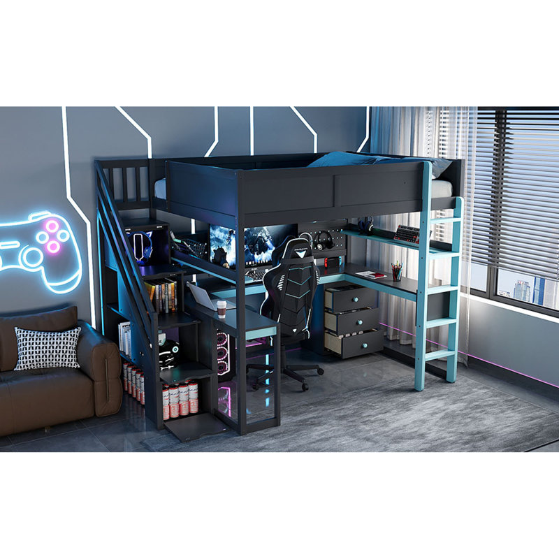 Lit mezzanine en bois compact avec rangement, design moderne noir et bleu