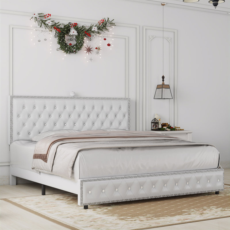 Upholstered Bed with Diamond Button, Modern Bed Frame with Galaxy Projector, No Box Spring Needed & Noise-Free Sturdy Wood Slats, PU