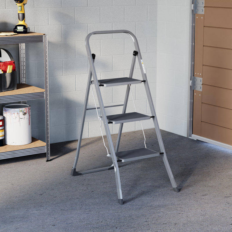 3.45 ft Steel 3 Step Ladder, Heavy Duty Steel, Folding, Portable With Anti-Slip Mat, Grey