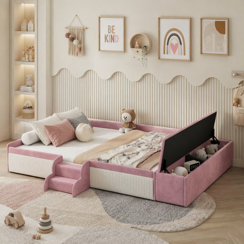 Lit de jour rembourré en velours avec escalier, repose-pieds avec vérin à gaz, Lit double, Rose et blanc