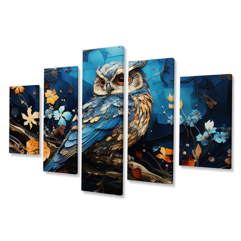 Blue Owl Nights Watch Collage II - animaux, reproduction sur toile - 5 panneaux
