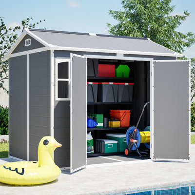 Remise utilitaire en plastique 8 x 6 pi avec plancher - Remise de rangement verrouillable pour outils de jardin et poubelles, organisateur d'extérieur toutes saisons en gris-blanc