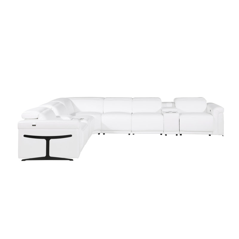 Suhur 8-Piece Top Grain Italian Leather Power Reclining Chaise Sectional, White Genuine Leather