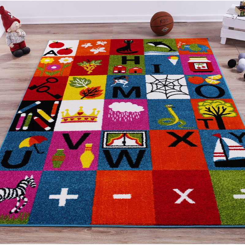 Tapis bleu / orange / rouge à motif géométrique Kindig, Rectangulaire 3 pi 11 po x 5 pi 3 po