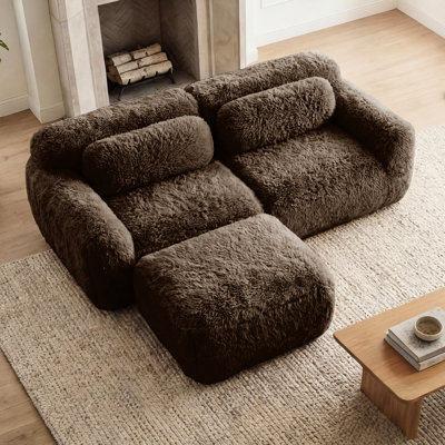 Chocolate Modular Sectional L-shaped With Chaise, Soft Fluffy , 32d Sponge, No Assembly, Ergonomic Seating, Slip Base, Bedroom Decor Piece 2 Fabric, High Density Design, Throw Pillows