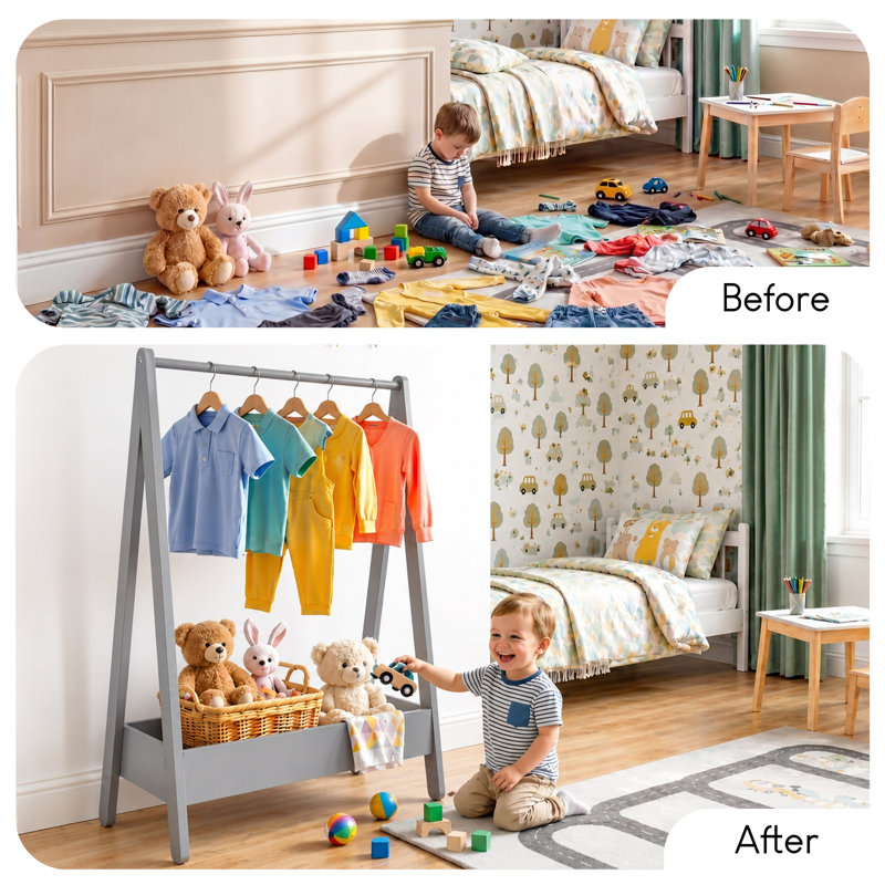 Kids Clothes Rack With Hanging Rail & Lower Storage Shelf For Bedroom And Playroom Organisation, Grey