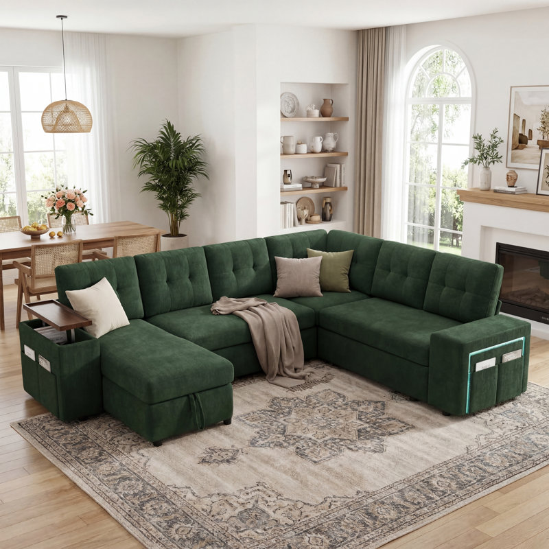 7-Seater Large Sectional Sofa Bed With Storage Ottoman & Lovescat, Chenille Modular Sleeper Sofa Set With 2 Pillows, 112" U-Shaped Convertible Couch For Living Room