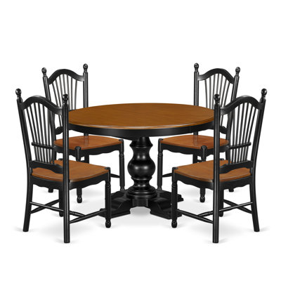 Cet ensemble de salle à manger ovale 5 pièces comprend une table de cuisine en bois massif avec rallonge et base piédestal, 4 chaises de salle à manger à dossier à lattes, un assemblage facile et une finition noire