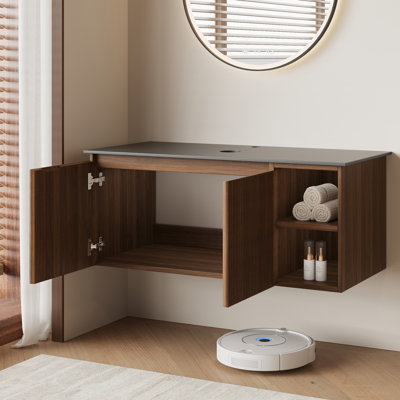 36 Inch Modern Floating Bathroom Vanity Base with Sintered Stone Countertop, Solid and Manufactured Wood Cabinet with Open Storage & Drain Kit