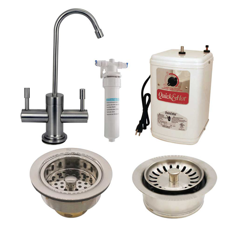 Contemporary 10" 2-Lever Hot and Cold Water Dispenser with Filter, Sink Drain & Disposal Trim, Satin Nickel