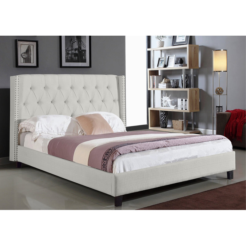 Lelen Upholstered Wingback Bed, Queen, Ivory/Chrome