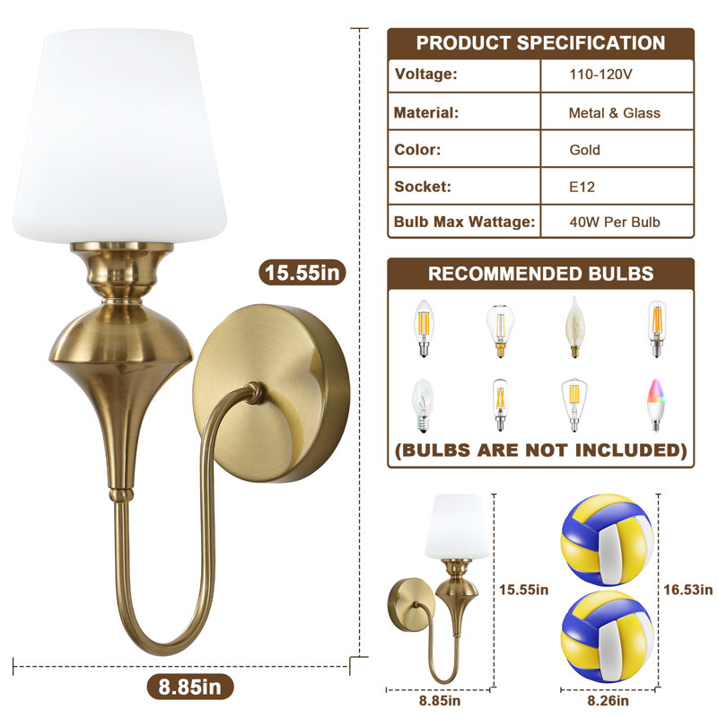1-Light Modern Rustic Bath Vanity Light With Glass Lampshade, Golden Wall Sconce For Toilet, Hallway, Staircase, Bathroom