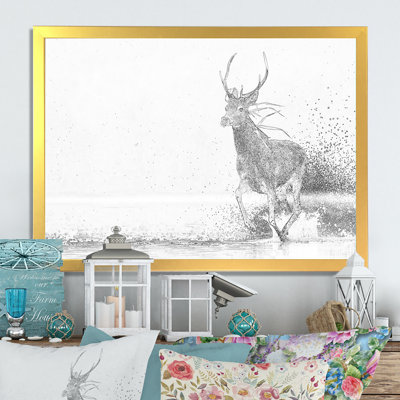 Cerf noir et blanc croquis - reproduction de cadre flottant sur toile