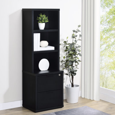 Bibliothèque noire à 3 tablettes avec tiroir verrouillable, finition manguier, bois d'ingénierie, surface à gratter, idéale pour l'espace de vie principal, profondeur de 19,8 po, largeur de 15,37 po, hauteur de 61,38 po,