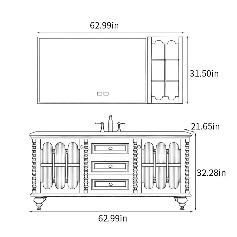 Armoire de salle de bain de style français rétro, Vert, H 32,28 po x l 62,99 po x P 21,65 po