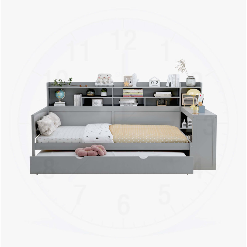 Lit de jour en bois avec tablettes de rangement, lit multifonctionnel avec lit gigogne et bureau , Complet/Double, Gris