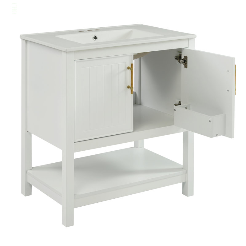 Meuble-lavabo de 30 pouces avec lavabo en céramique et rangement polyvalent - idéal pour les petites salles de bain, Blanc