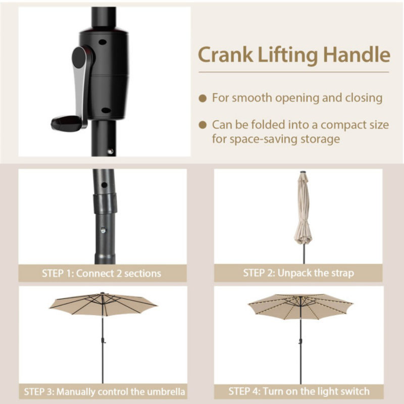 10ft Beige Solar LED Lighted Patio Umbrella with Crank Tilt