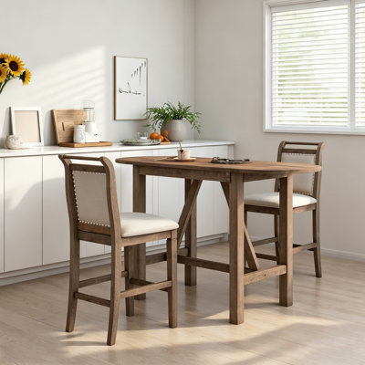 TOPMAX Drop Leaf Counter Height Dining Table Set, 3 Piece Solid Wood Kitchen Table with 2 Nailhead Upholstered Bar Stools, Space Saving Foldable Dining Furniture for Small Spaces, Rustic Brown