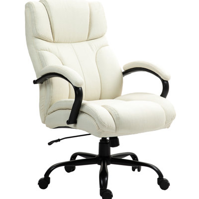 Chaise de bureau robuste de 500 lb, style grand et grand, hauteur réglable, lin blanc crème, siège pivotant, capacité, tissu en lin, blanc