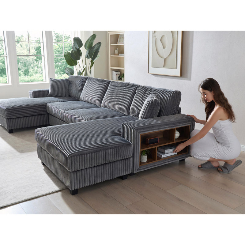 Canapé convertible combiné en forme de U, tissu en velours côtelé, canapé confortable à 4 places de grande taille, fauteuil double salon