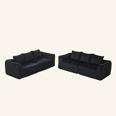 Ensemble canapé minimaliste 3+3 places en velours côtelé avec lignes courbes et dossier légèrement incliné, livré avec 6 coussins décoratifs en forme de corne