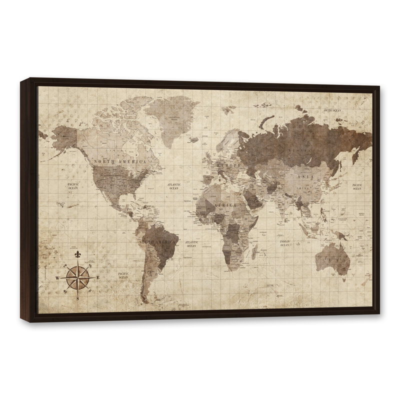 Carte du monde délavée - impression sur toile, H 24 po x l 36 po, Impression encadrée, Encadrée