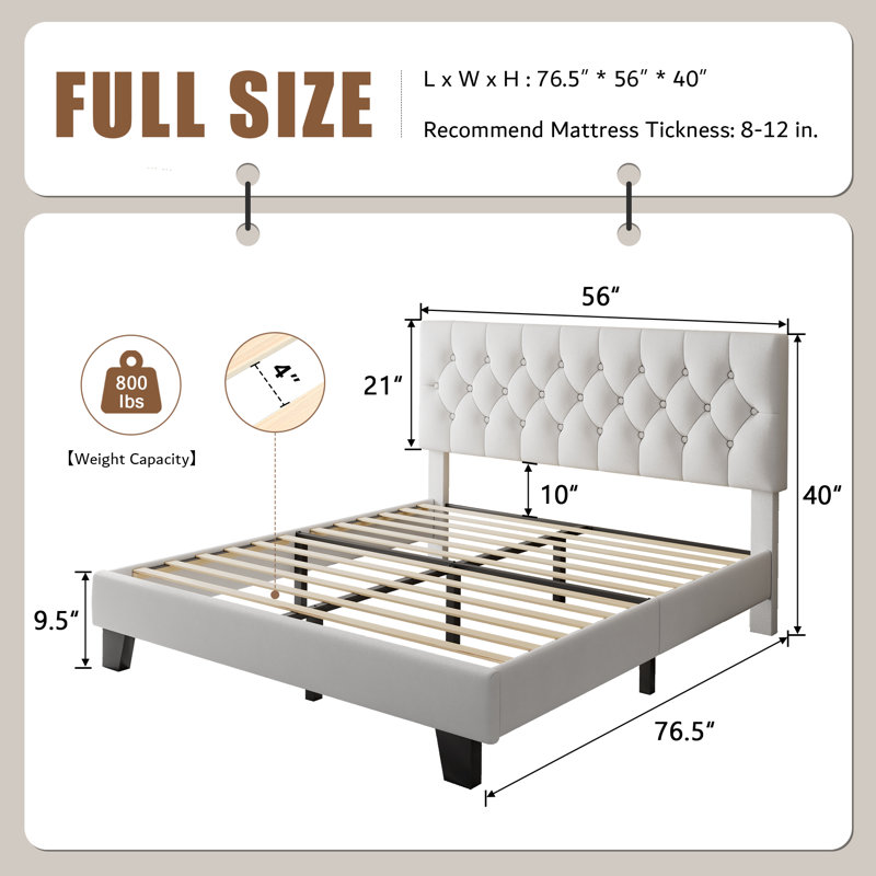 Full Upholstered Bed Frame with Headboard, Button Tufted Linen Bed Base, Platform Bed with Wood Slat, Heavy Duty, Easy Assembly, No Box Spring Needed, White