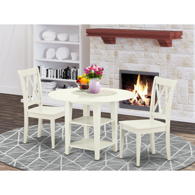 3 Piece Dining Room Furniture Set Contains a Round Kitchen Table with Dropleaf & Shelves and 2 Dining Chairs, Linen White