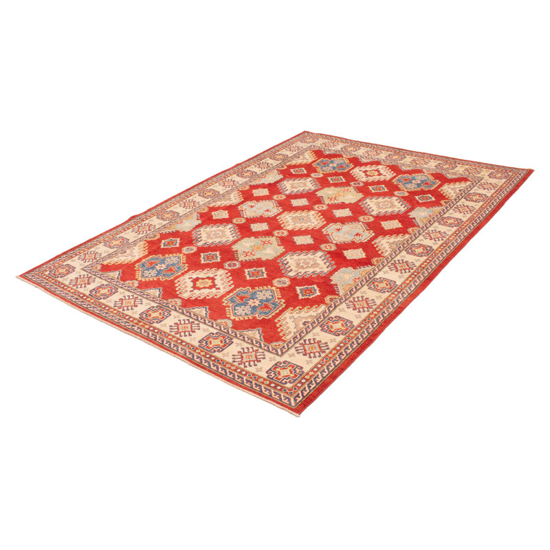 Tapis rouge / bleu / crème en laine noué à la main de conception unique 8 pi 4 po x 12 pi New Age Wolfenbarger