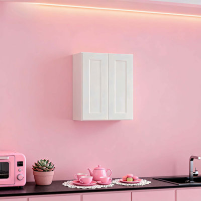Armoire murale Shaker en bois massif, finition mate peinte à la main, portes doubles à fermeture amortie, étagères intérieures réglables, armoire de rangement murale en kit pour cuisine, salle de bain, buanderie, garage ou cellier.