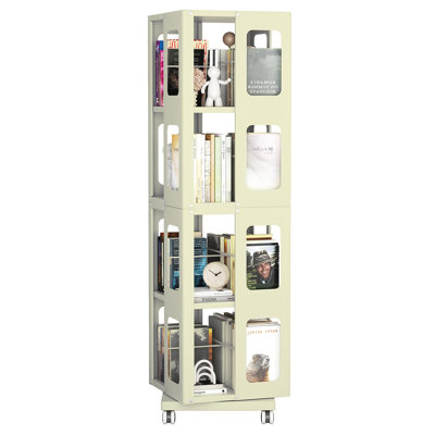 4-Tier All-Steel Rotating Bookshelf with 360° Wheels, Large Size Sturdy & Spacious Book Rack, New Style Yellow Bookshelf,Easy Assembly