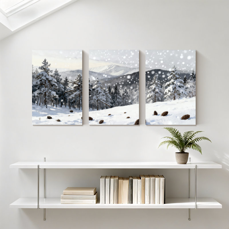 winter forest Snowy Forest Winter Landscape With Pine Cones Set of 3 Canvas Wall Art Prints, 24" H x 48" W