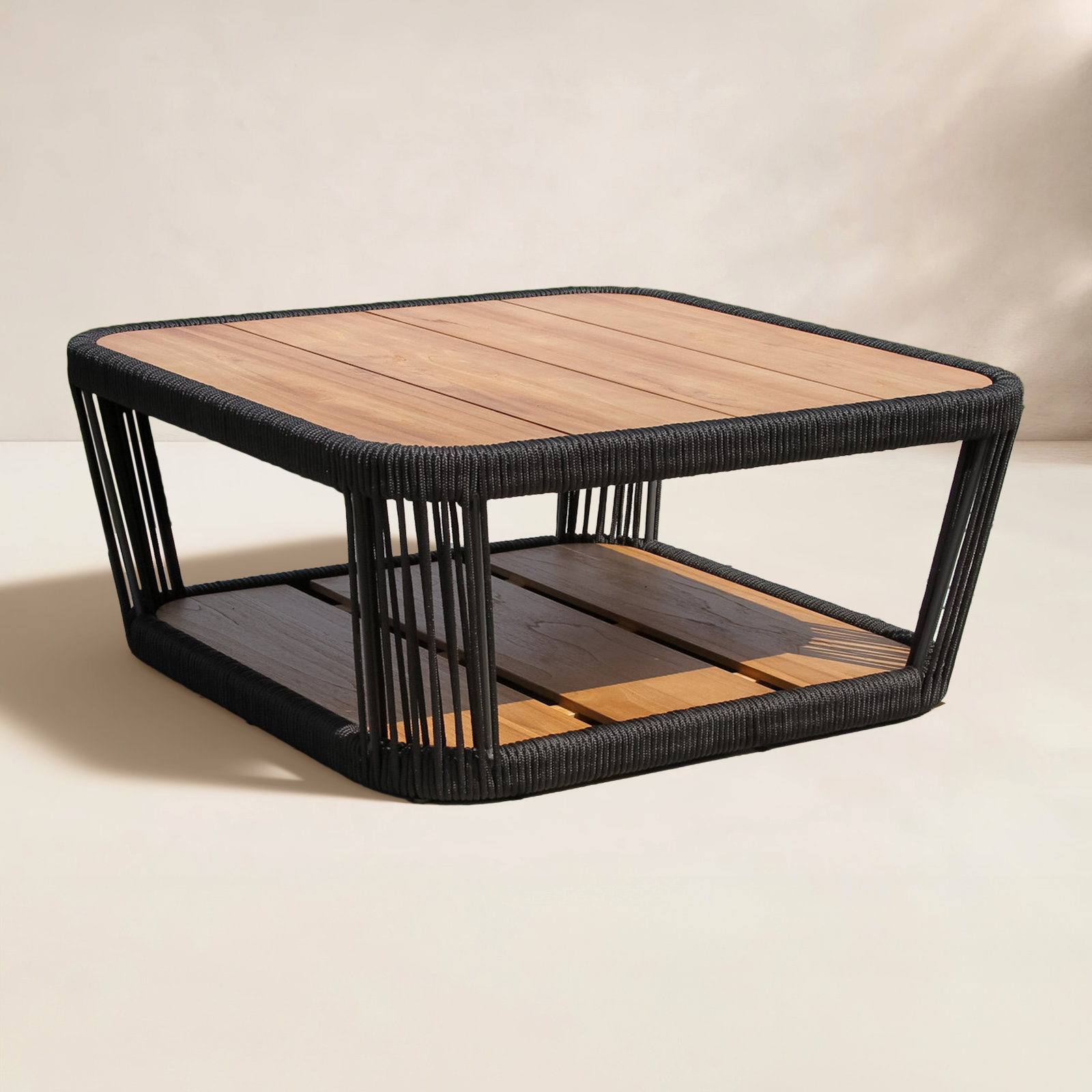 Aniston Teak & Black Rope Square Coffee Table, 35" x 35"